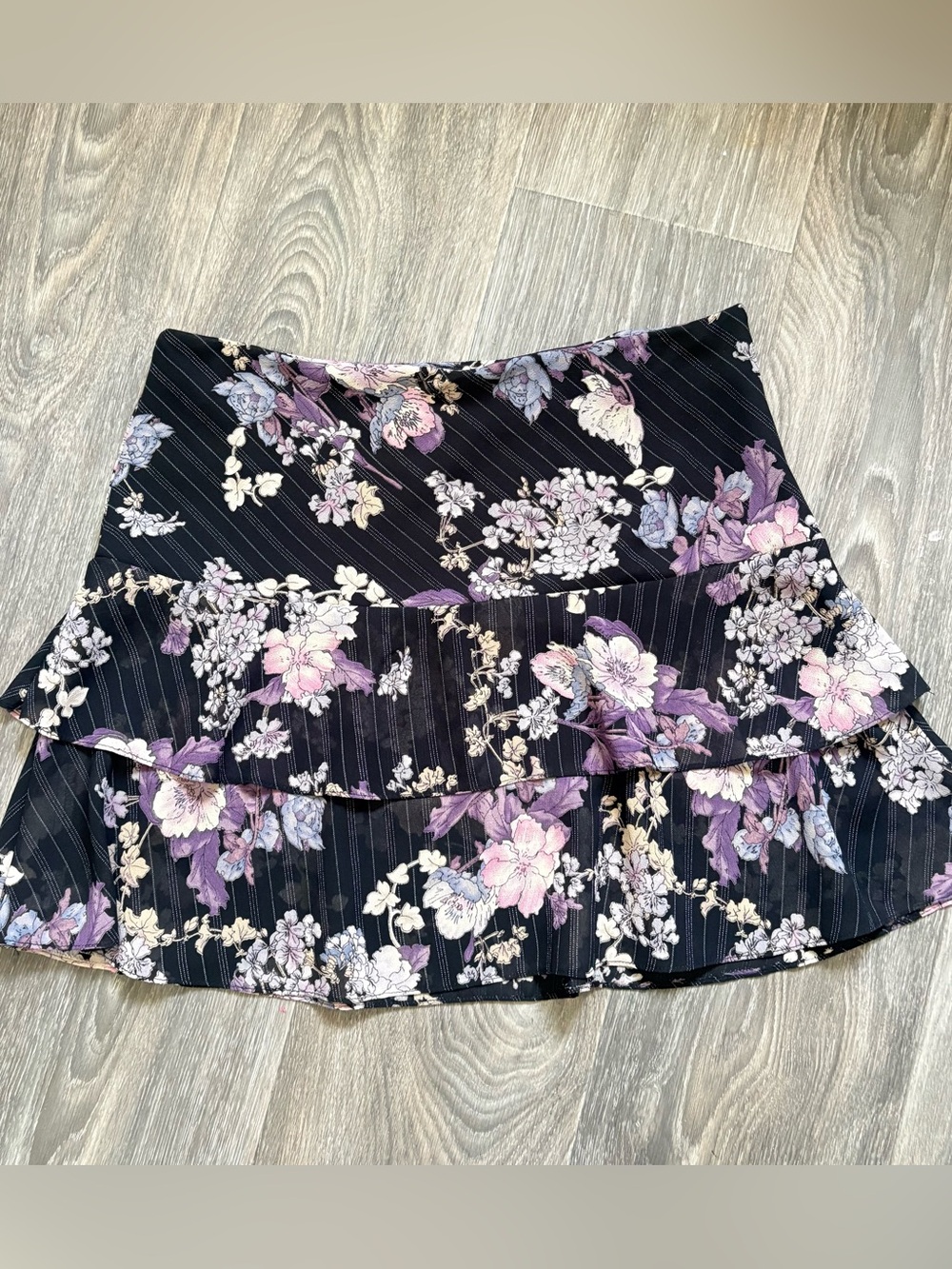 VTG Tiered mini skirt with pin stripes and floral sz 11 black purple